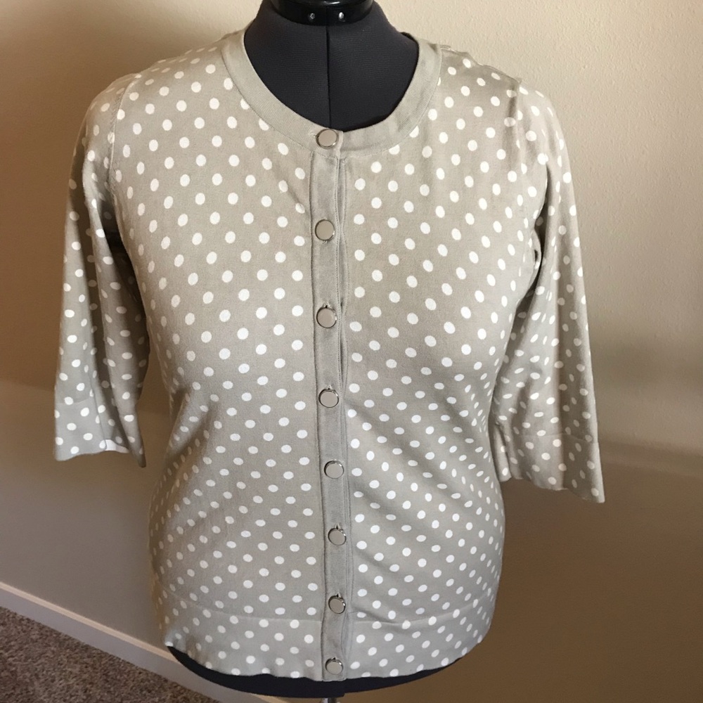 JM Collection 2X Tan/white Polka Dot Cardigan